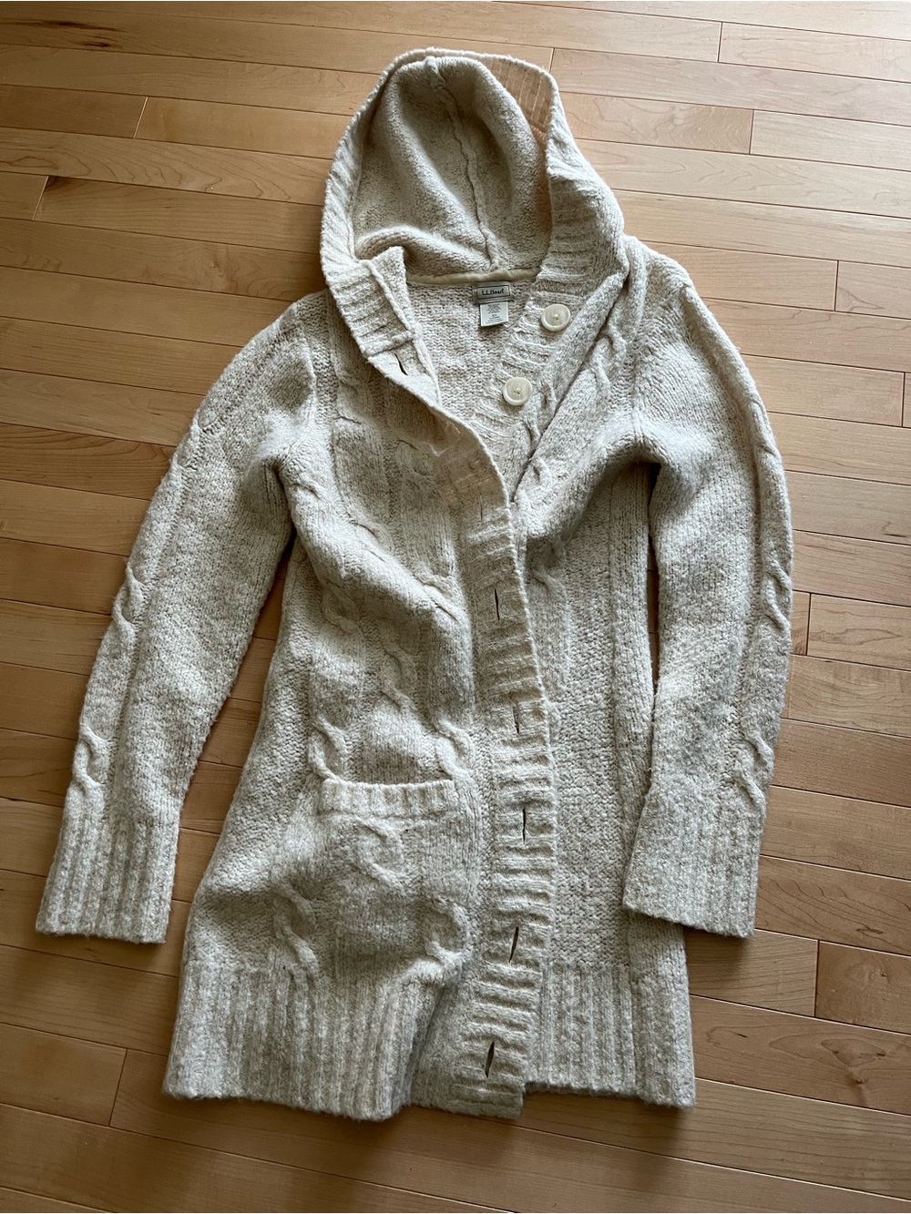 LL Beans Cozy Hooded Cable Knit Cardigan - Cream